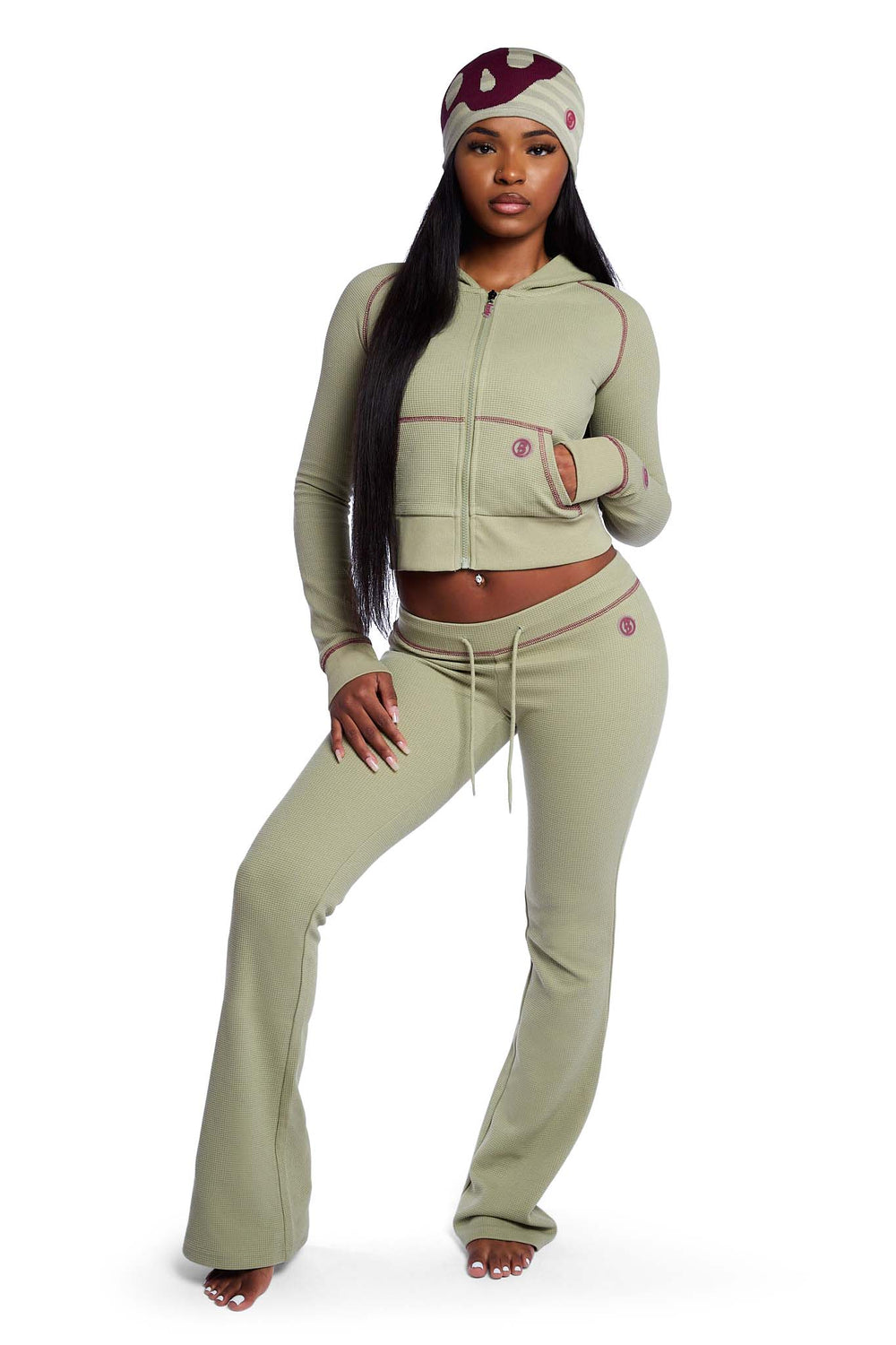 WAFFLE KNIT BOOT CUT PANTS (MATCHA/MAROON)