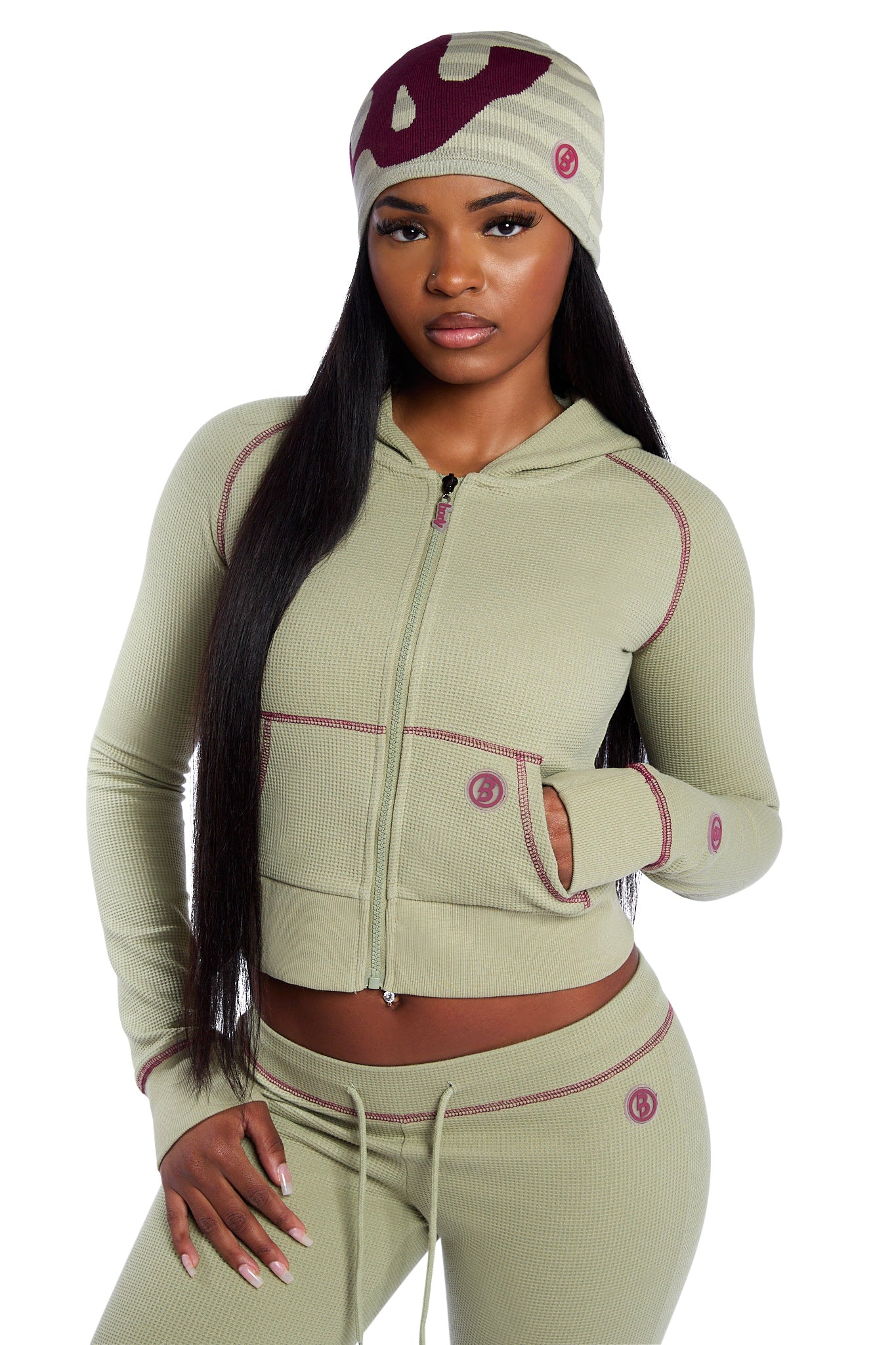 WAFFLE KNIT HOODIE (MATCHA/MAROON) — Body by Raven Tracy