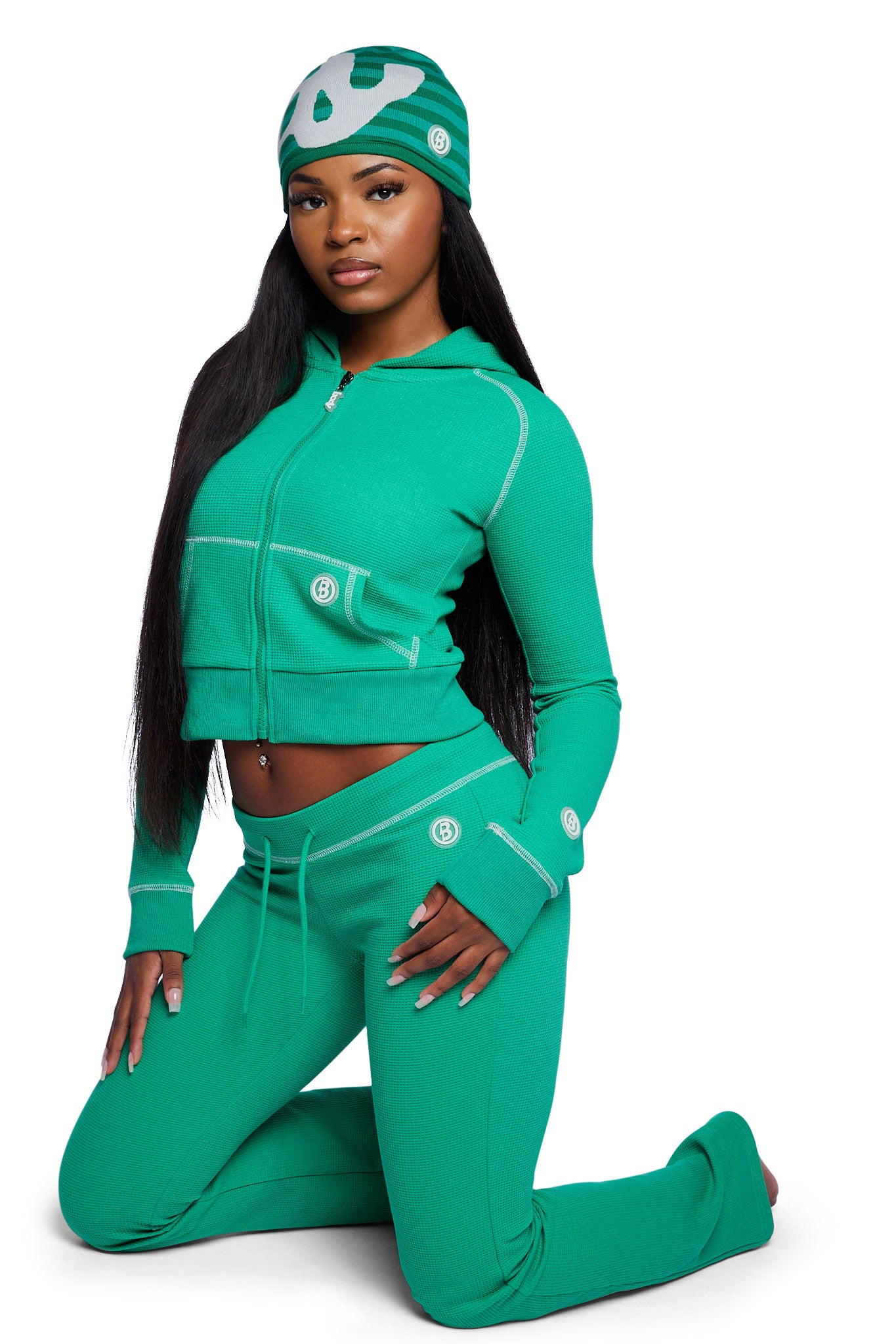 WAFFLE KNIT BOOT CUT PANTS (TEAL GREEN/SLATE GREY)