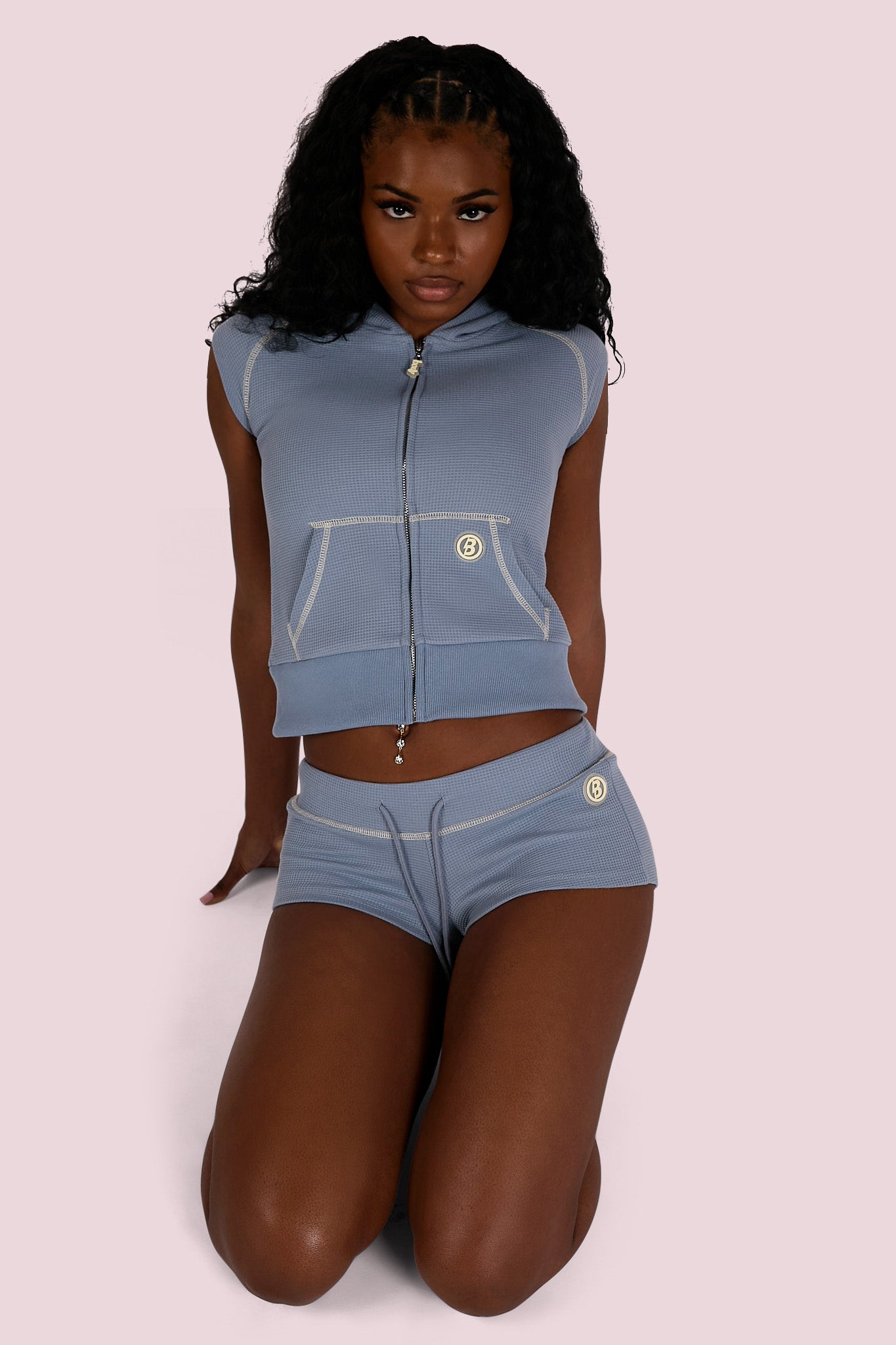 WAFFLE KNIT MINI SHORTS (BLUE/CREAM) — Body by Raven Tracy