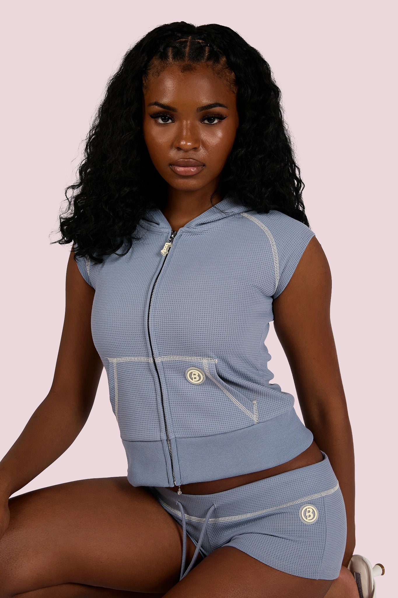 WAFFLE KNIT SLEEVELESS ZIP HOODIE (BLUE/CREAM) — Body by Raven Tracy