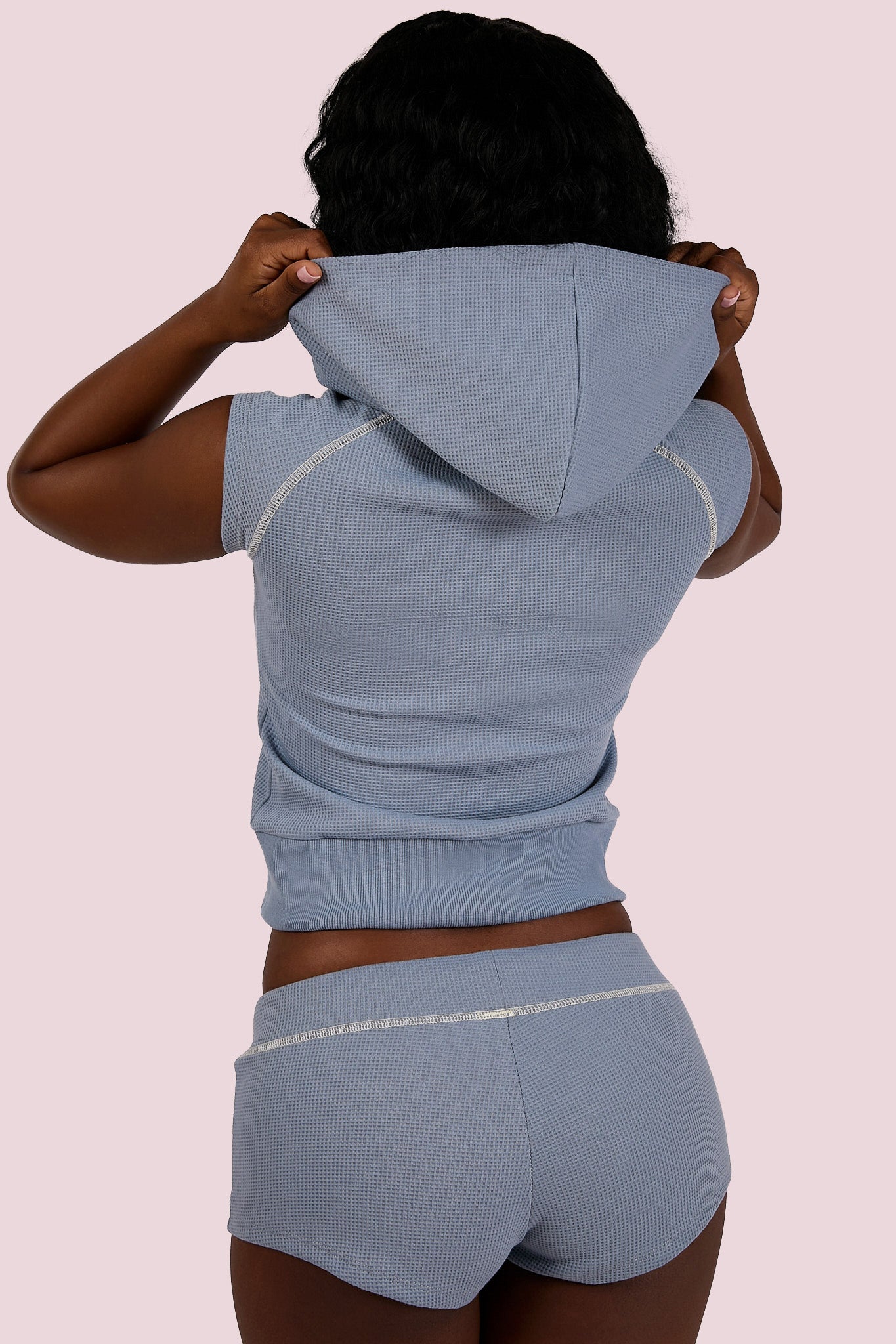 WAFFLE KNIT SLEEVELESS ZIP HOODIE (BLUE/CREAM)