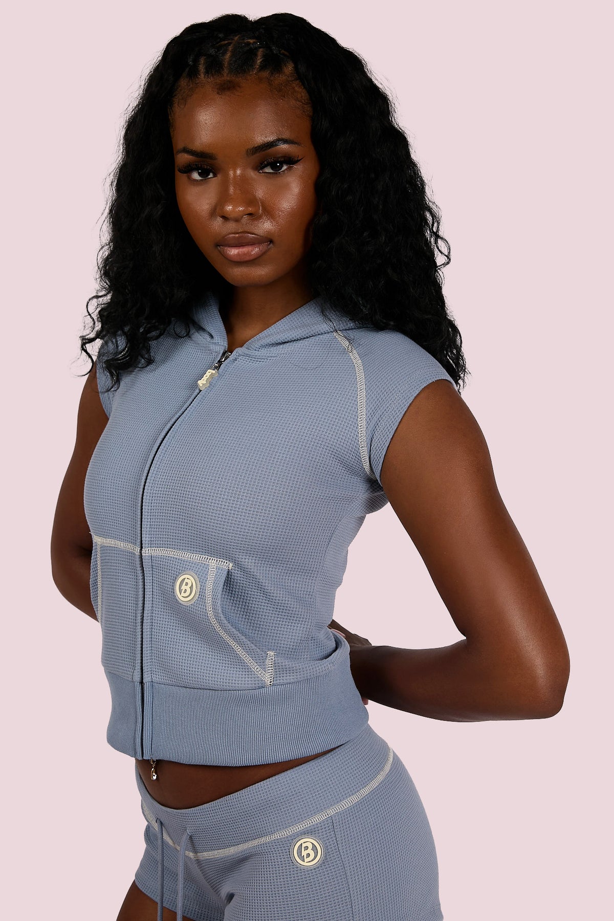 Body By Rave WAFFLE KNIT SLEEVELESS ZIP HOODIE (BLUE/CREAM) β Body by Raven Tracy