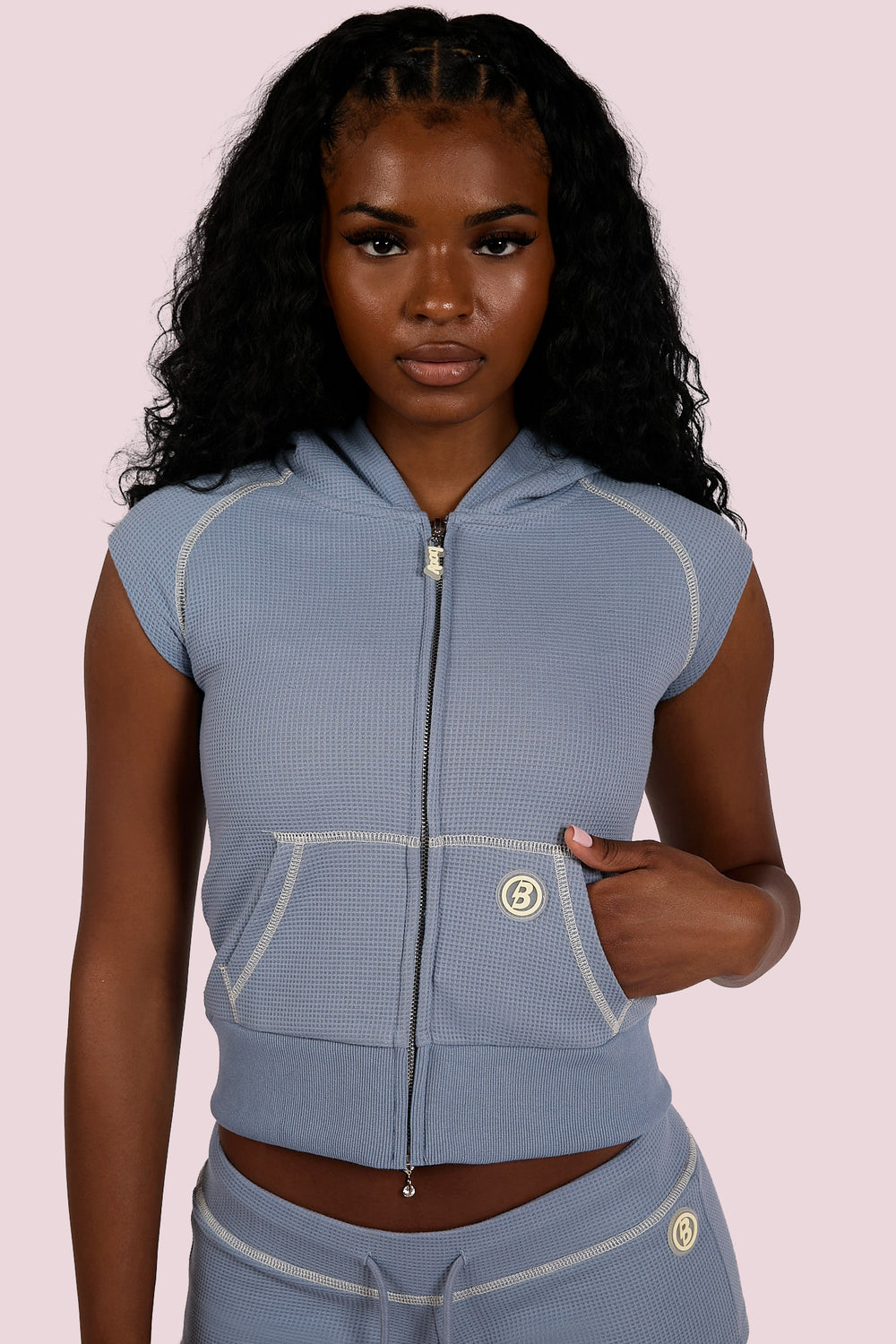 WAFFLE KNIT SLEEVELESS ZIP HOODIE (BLUE/CREAM)