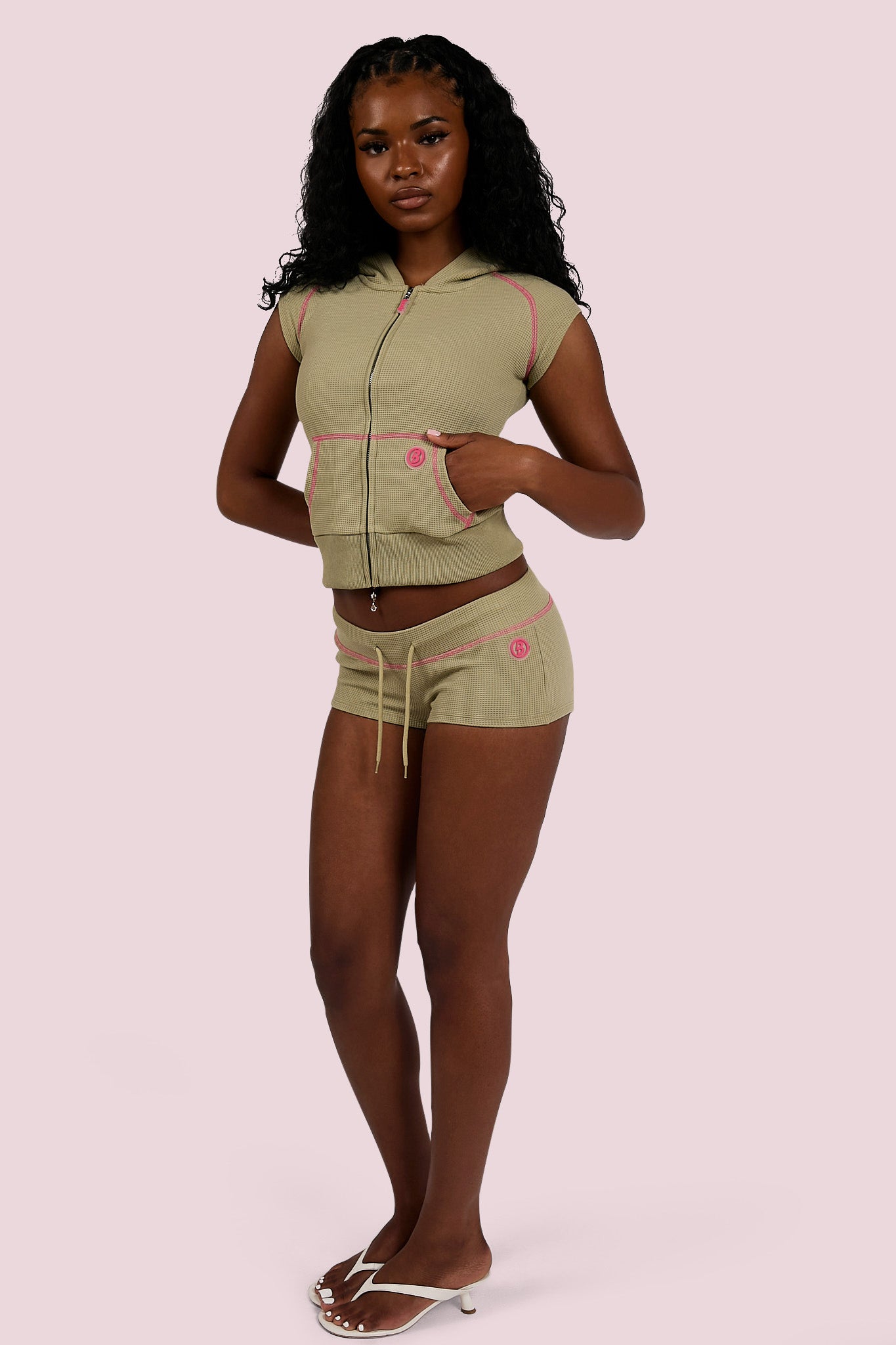 WAFFLE KNIT MINI SHORTS (MATCHA/PINK)