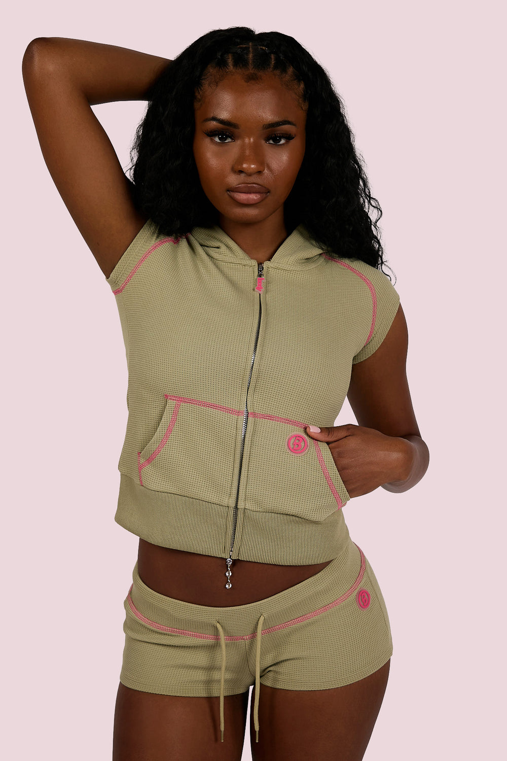 WAFFLE KNIT SLEEVELESS ZIP HOODIE (MATCHA/PINK)