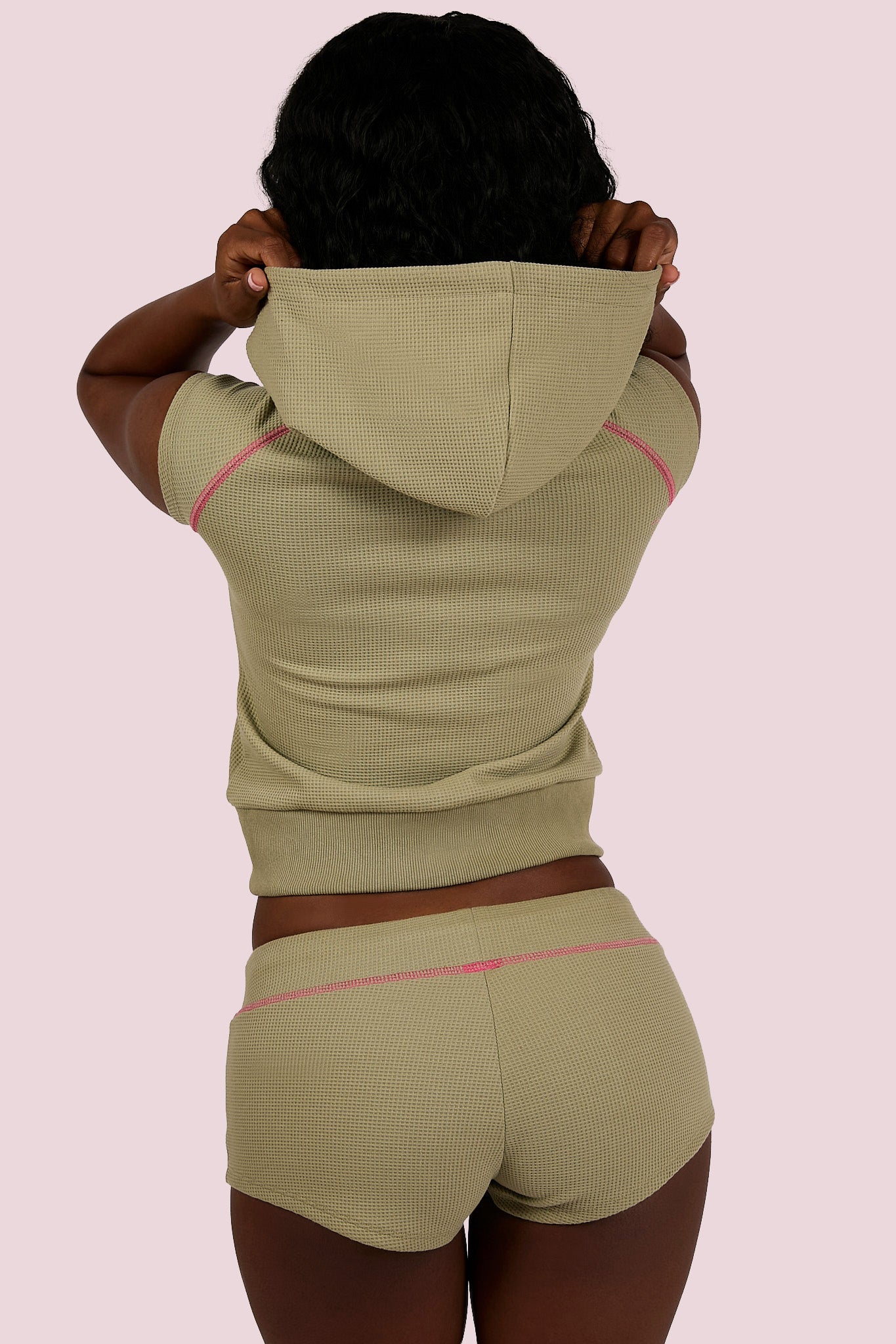 WAFFLE KNIT SLEEVELESS ZIP HOODIE (MATCHA/PINK)