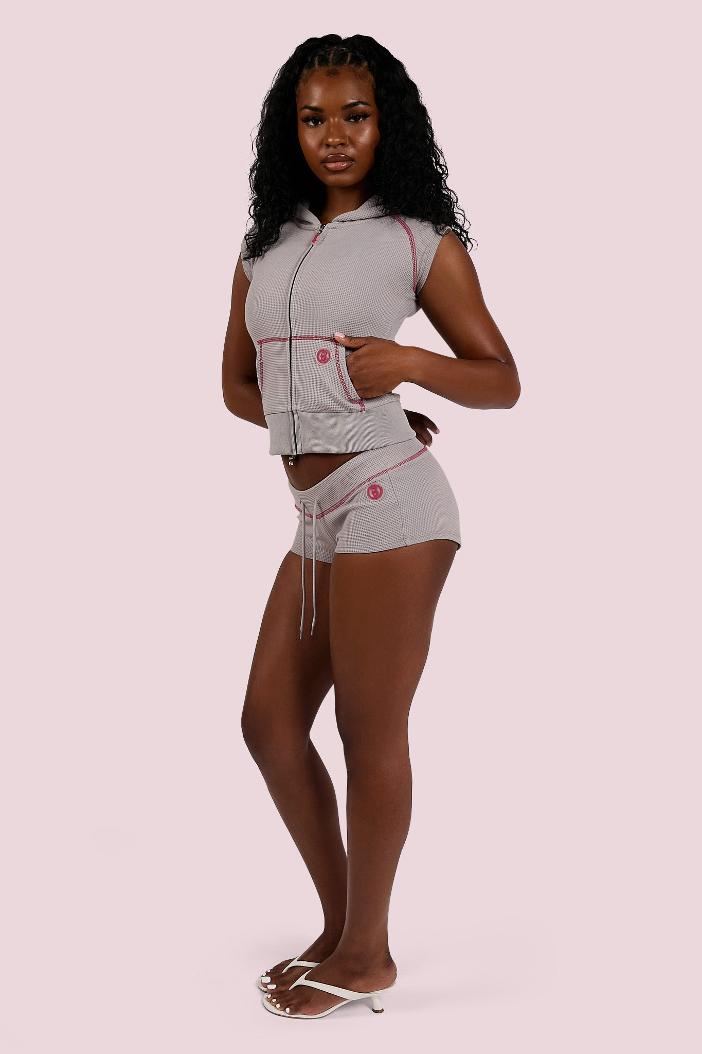 WAFFLE KNIT MINI SHORTS (HEATHER GREY/PINK)