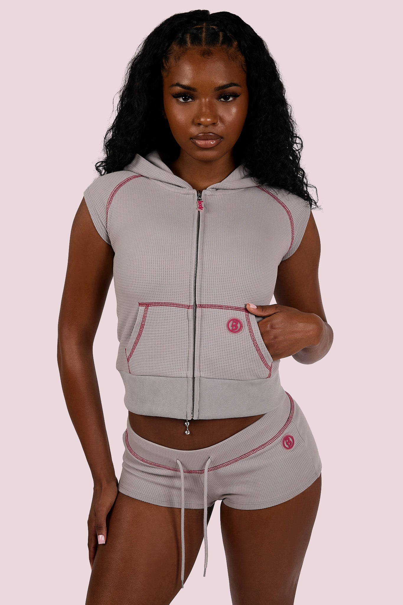 WAFFLE KNIT SLEEVELESS ZIP HOODIE (HEATHER GREY/PINK) — Body by