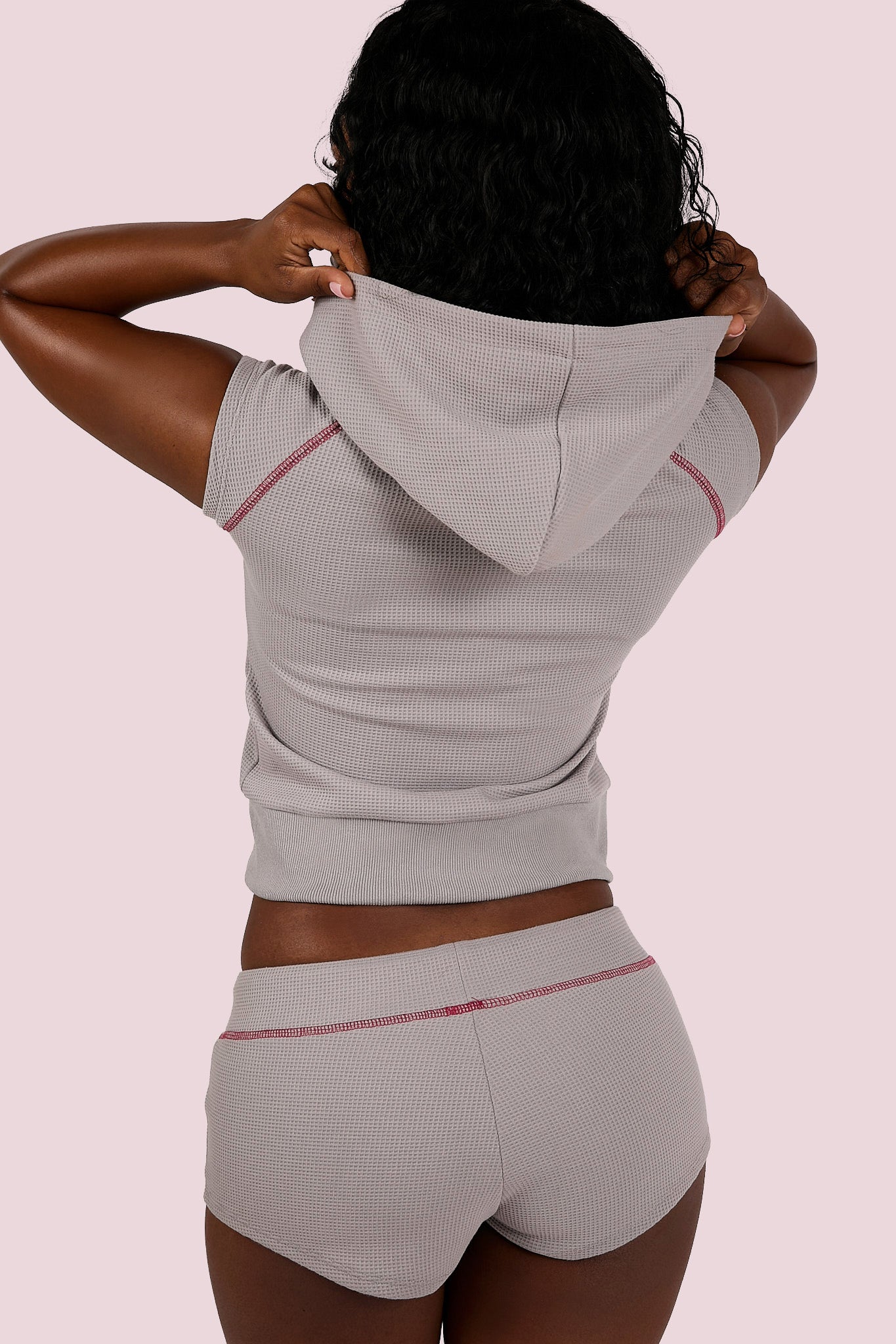 WAFFLE KNIT SLEEVELESS ZIP HOODIE (HEATHER GREY/PINK)