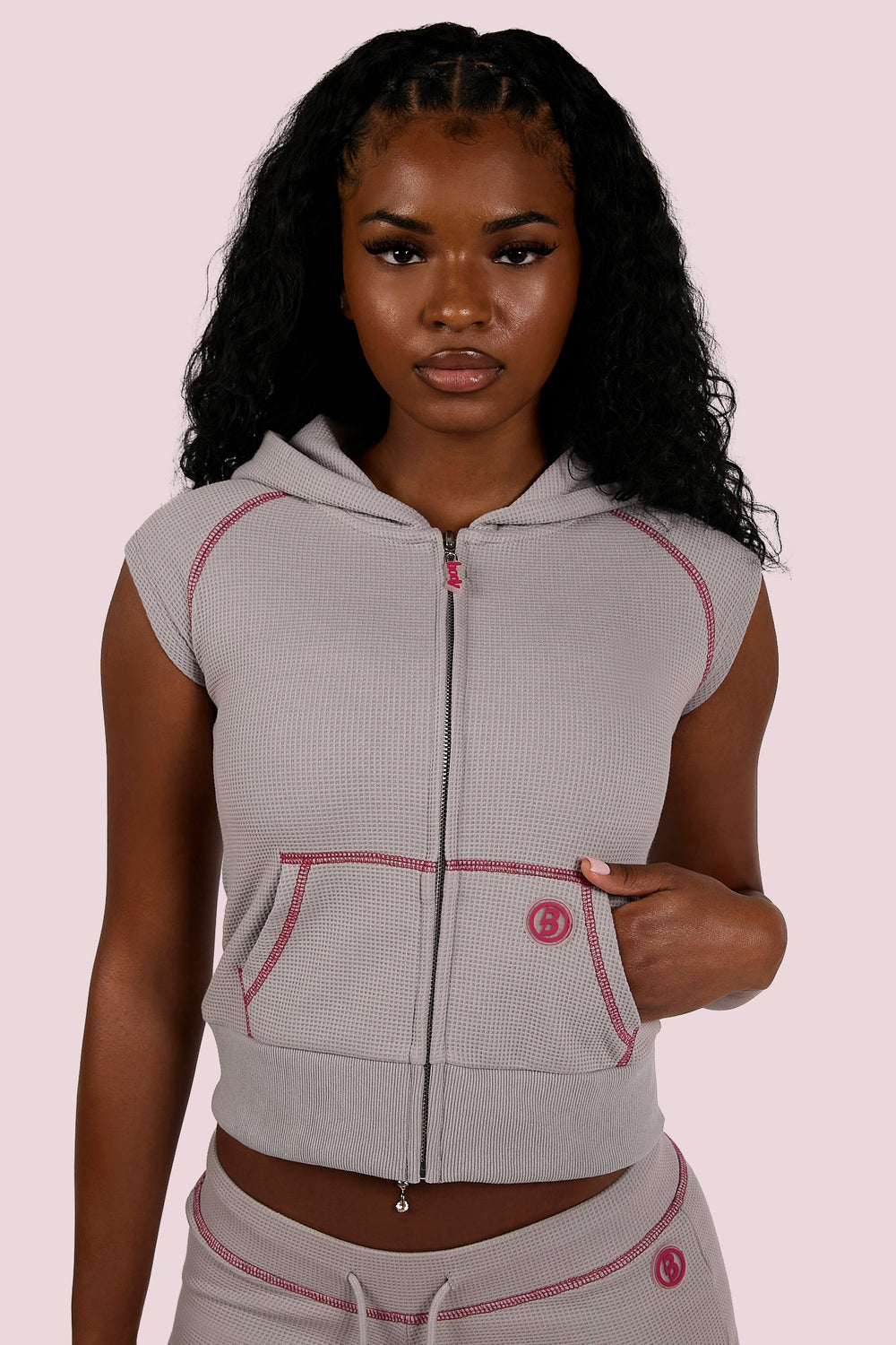 WAFFLE KNIT SLEEVELESS ZIP HOODIE (HEATHER GREY/PINK)
