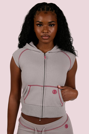 WAFFLE KNIT SLEEVELESS ZIP HOODIE (HEATHER GREY/PINK) — Body by