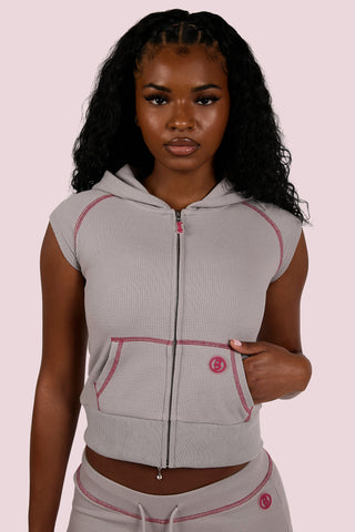 WAFFLE KNIT SLEEVELESS ZIP HOODIE (HEATHER GREY/PINK)