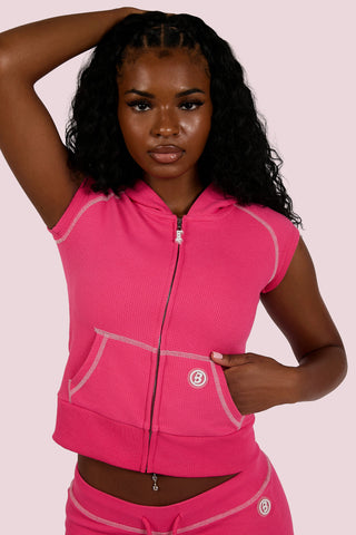 WAFFLE KNIT SLEEVELESS ZIP HOODIE (PINK/CREAM)