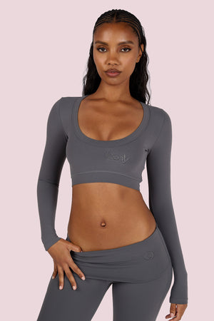 YOGA LONG SLEEVE CROP TOP (CHARCOAL) — Body by Raven Tracy